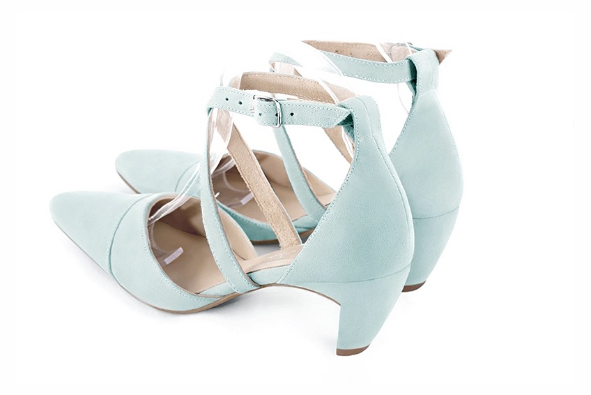 Aquamarine blue women's open side shoes, with crossed straps. Tapered toe. Medium comma heels. Rear view - Florence KOOIJMAN